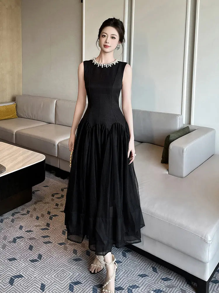 Mandy Black Pearl Neck Sleeveless Puffy Maxi Dress Avalabel