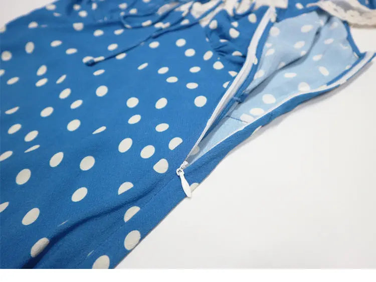 Lyuba Polka Dot Lace-Trimmed V-Neck Maxi Dress in Blue Avalabel