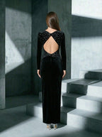 Lee Black long-Sleeve Backless Studded Fishtail Velvet Maxi Dress Avalabel