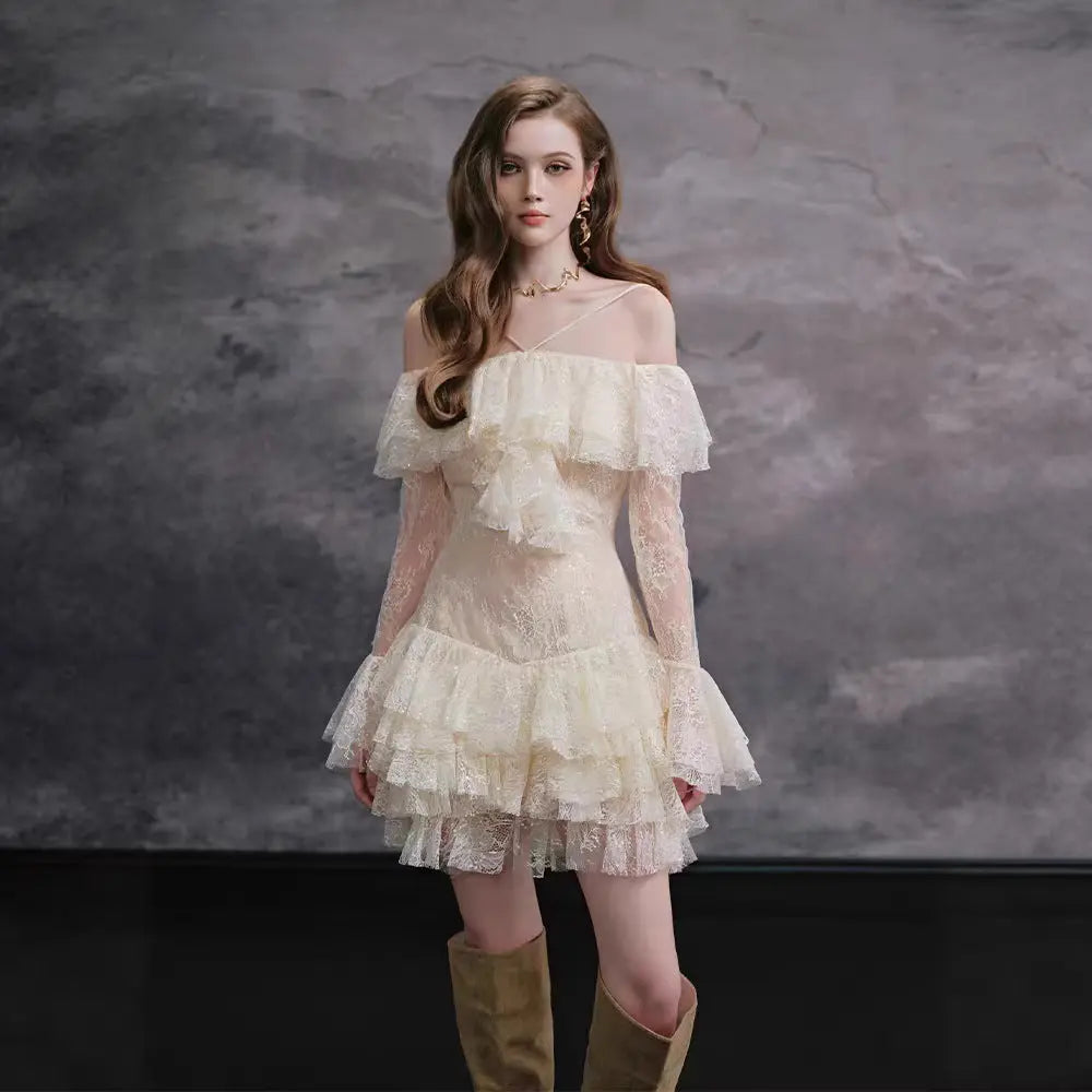 Elisha Off Shoulder Lace Ruffle Mini Dress Avalabel