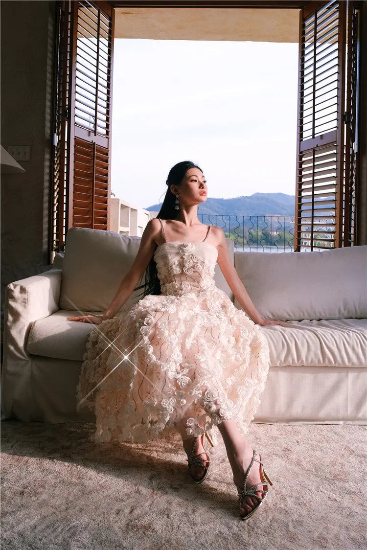 Leah White/Beige Sleeveless  Flower Dress Avalabel