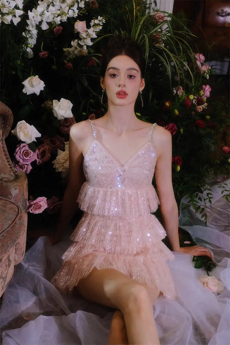 Pink Sleeveless Sequin layer ruffle short Dinner Dress Avalabel