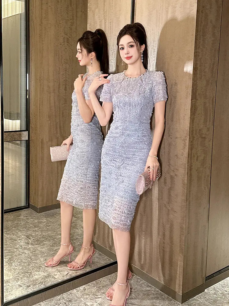 jacqueline rhinestone flower embroidery bodycon midi dress in purple Avalabel