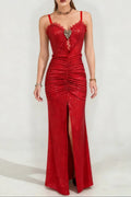 bertha high slit pleated sequin maxi dress in red Avalabel