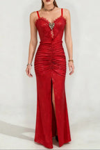 bertha high slit pleated sequin maxi dress in red Avalabel