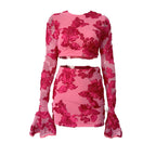 Nefertiti Apricot Embroidered Floral Backless T-shirt and Skirt Set Avalabel