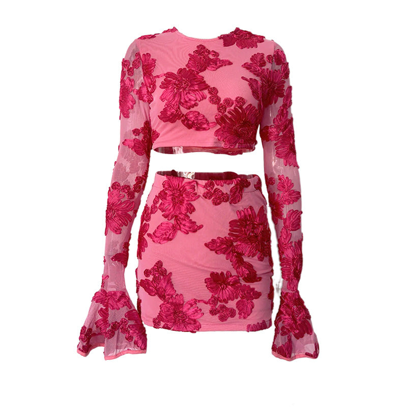 Nefertiti Apricot Embroidered Floral Backless T-shirt and Skirt Set Avalabel