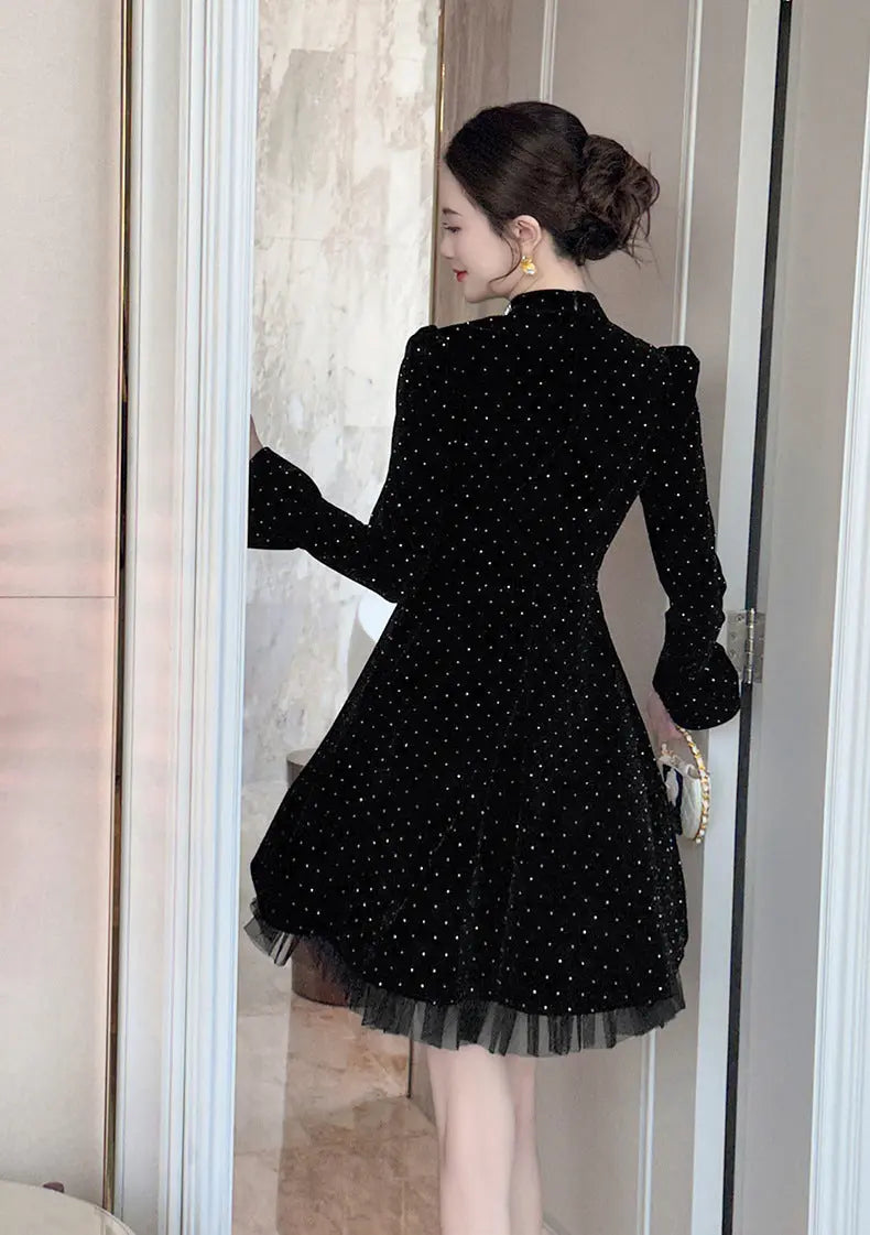 wendy Polka dots long sleeve velvet mini dress in black Avalabel