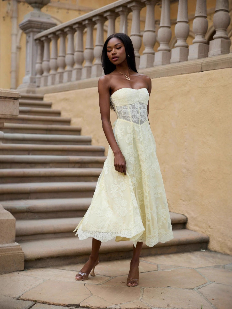 Amanda Yellow European American Style Sexy Backless Tie-Wrap Dress Avalabel