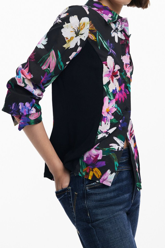 Black Vibrant Floral Print Long Sleeve Button-Down Shirt Avalabel