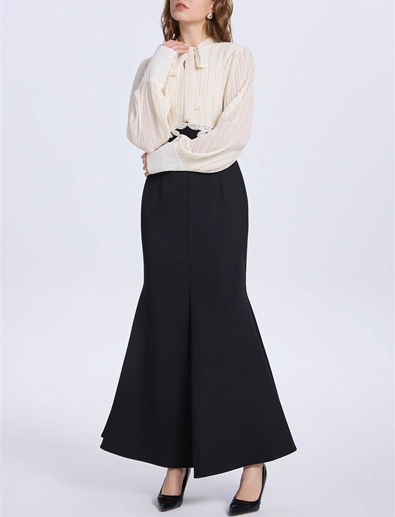 Carlin Balloon Sleeve Ruched Tie Up Midi Dress - White & Black Avalabel