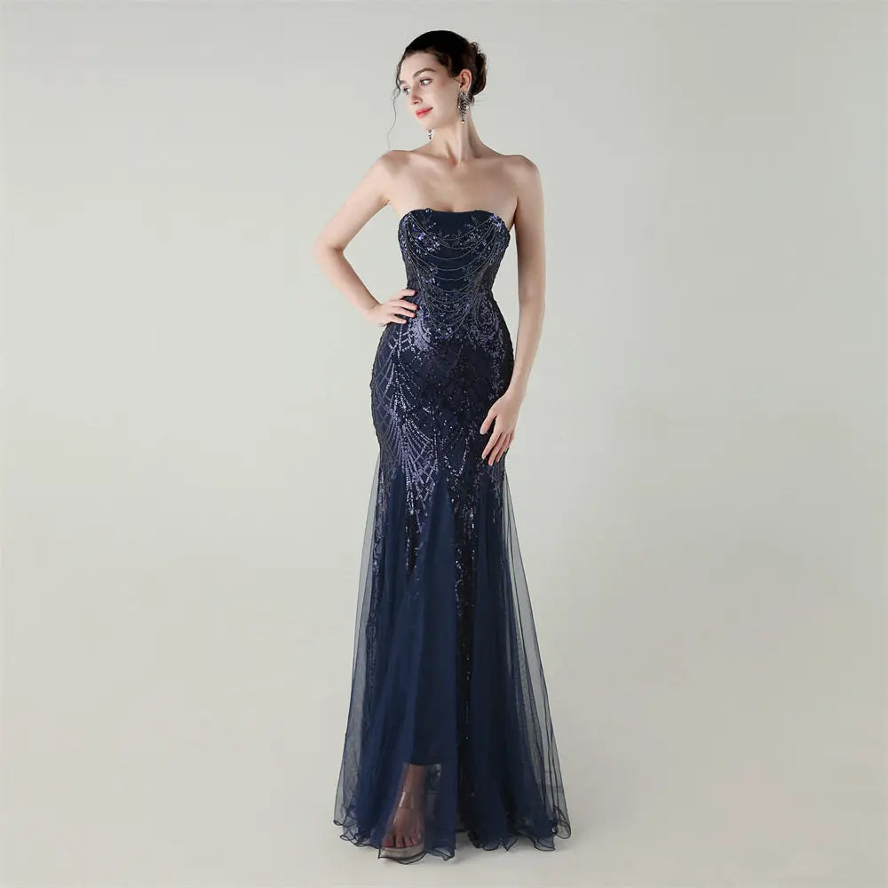 sequin strapless tulle maxi dress Avalabel