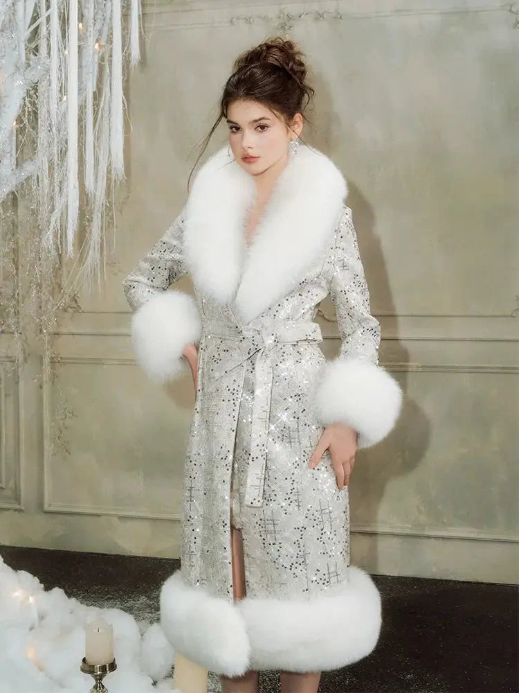 Sliver Tie Long Sleeve Long Fur Autumn Coat Avalabel