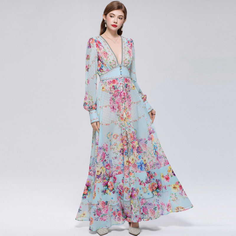 Xaviera Chiffon Mesh A-Line Printed Maxi Dress Avalabel