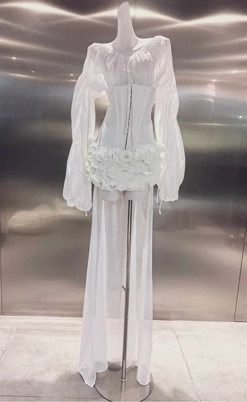 Off Shoulder Sheer Sleeve Corset Ruffle High Low Mini Dress poava