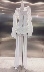Off Shoulder Sheer Sleeve Corset Ruffle High Low Mini Dress poava