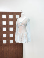 Eileen Long-Sleeve V-Neck Lace A-Line Mini Dress in Blue Avalabel