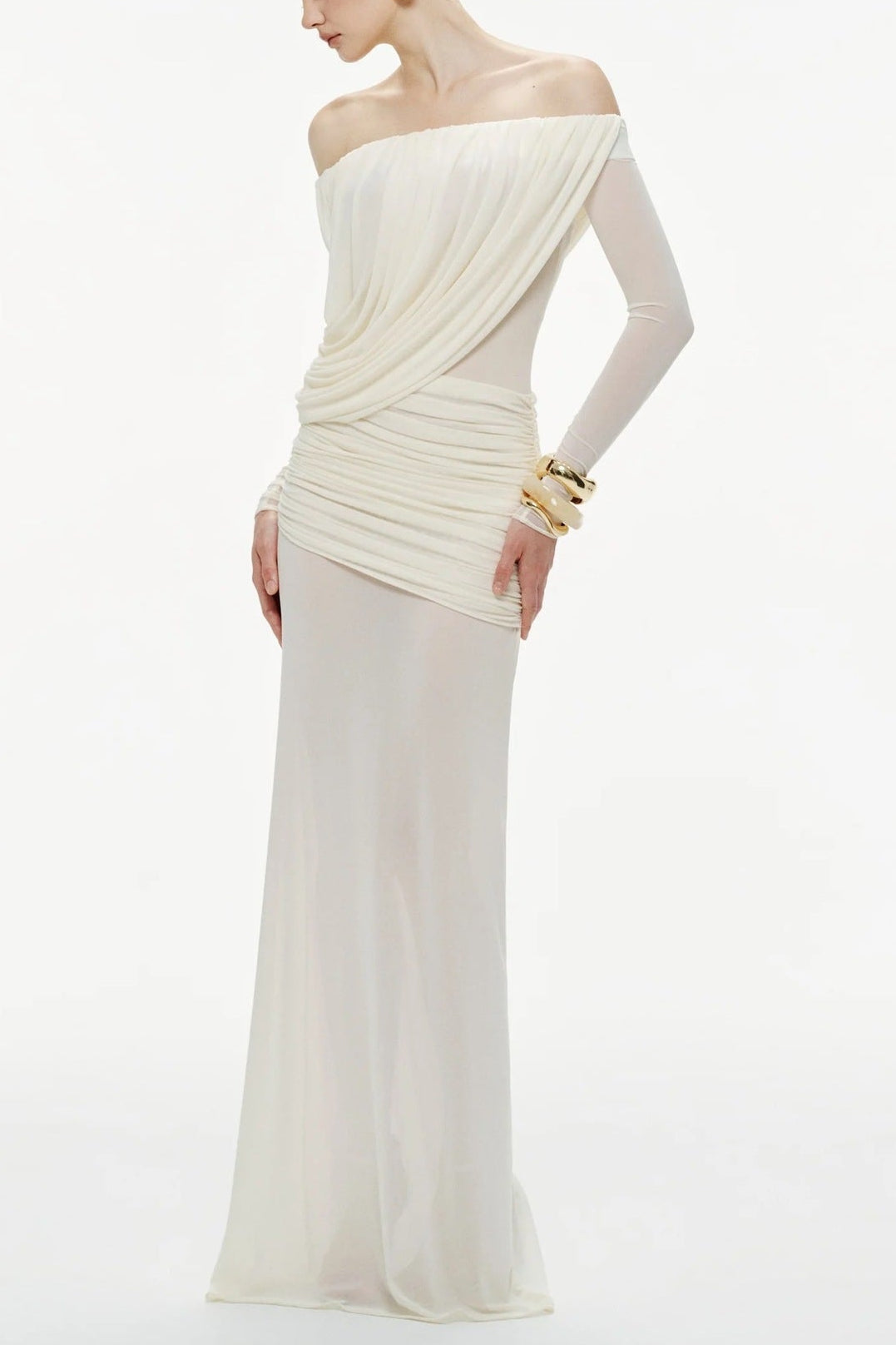 Cara Off-Shoulder Long Sleeve Pleated Mesh Maxi Dress in White Avalabel