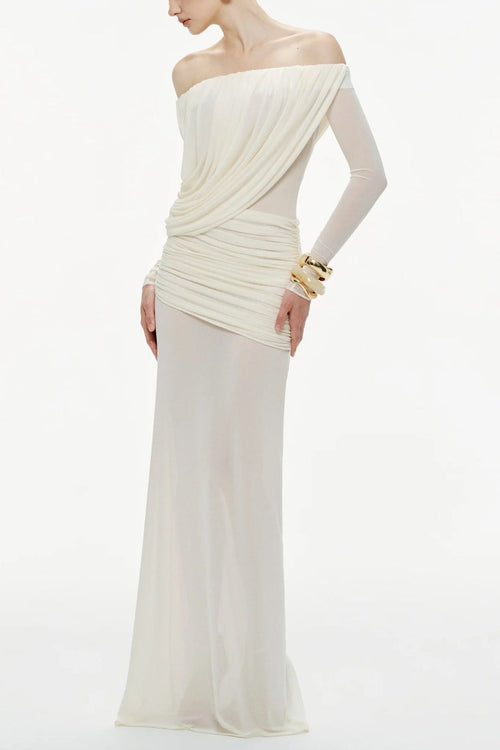 Cara Off-Shoulder Long Sleeve Pleated Mesh Maxi Dress in White Avalabel