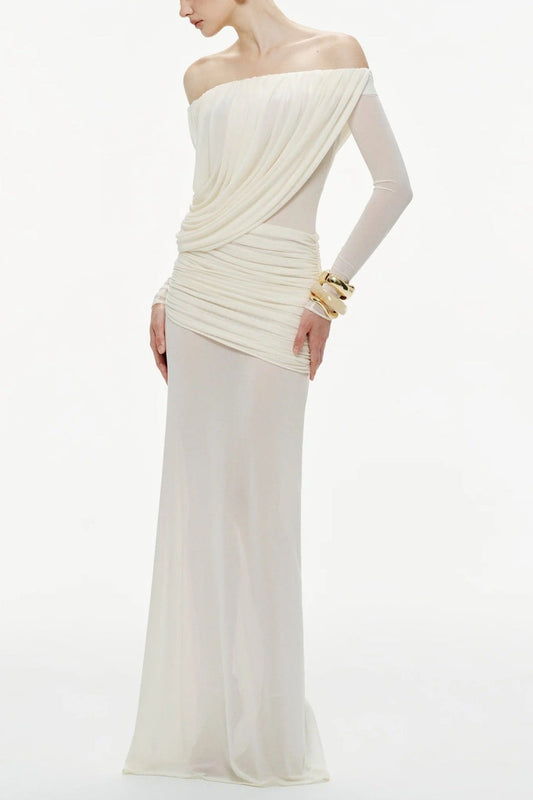 Cara Off-Shoulder Long Sleeve Pleated Mesh Maxi Dress in White