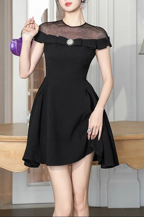 Molly Black Tulle Off-Shoulder A-Line Mini Dress Avalabel