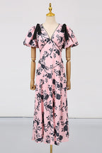V-Neck Satin Floral Midi Dress in Pink Avalabel