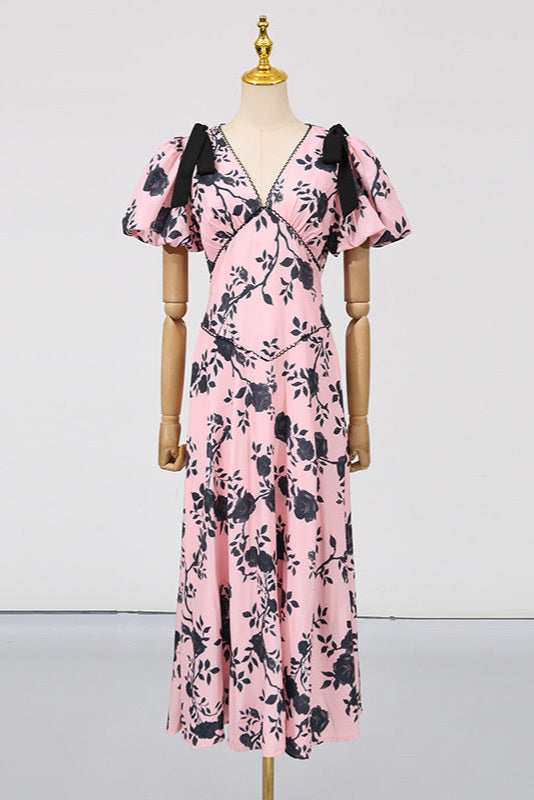 V-Neck Satin Floral Midi Dress in Pink Avalabel