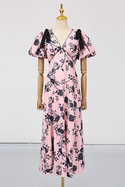 V-Neck Satin Floral Midi Dress in Pink