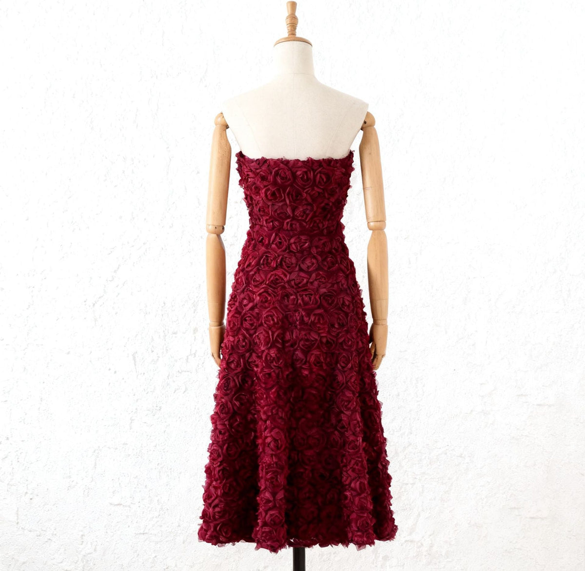 mona 3D Rose Petal Strapless Mesh Maxi Dress in wine red Avalabel