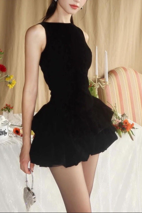 candance Sleeveless puffy velvet mini dress in black Avalabel