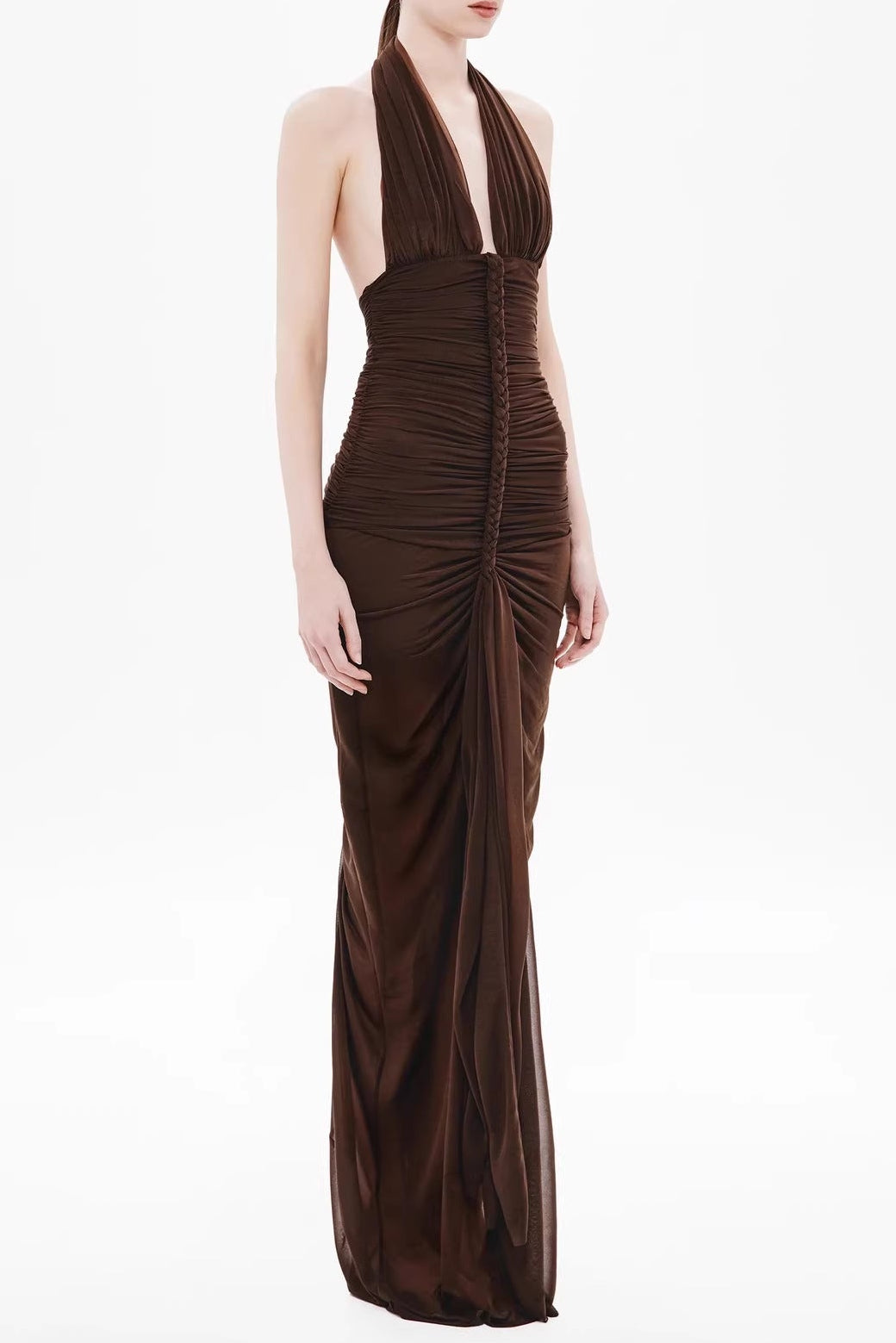 Nancy V-Neck Pleated Braided Bodycon Maxi Dress - Brown Avalabel