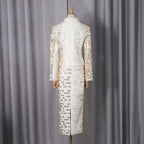 high-waisted skirt Gold sequin print blazer suit in white Avalabel