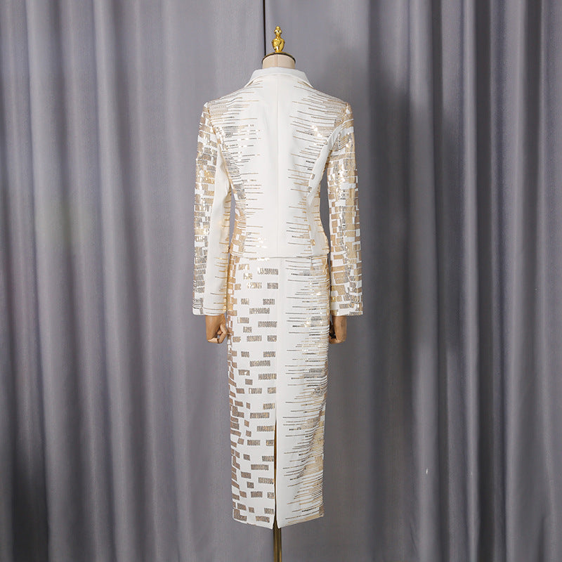 high-waisted skirt Gold sequin print blazer suit in white Avalabel