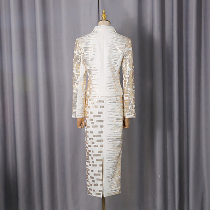 high-waisted skirt Gold sequin print blazer suit in white