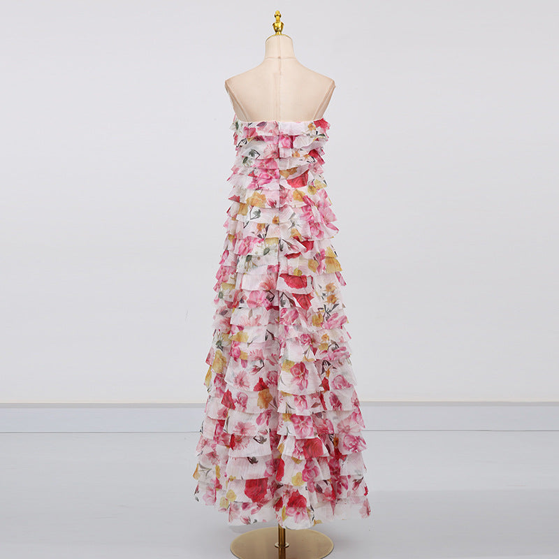 Cathy Floral Print Pleated Layer Strapless Maxi Dress in Pink Avalabel