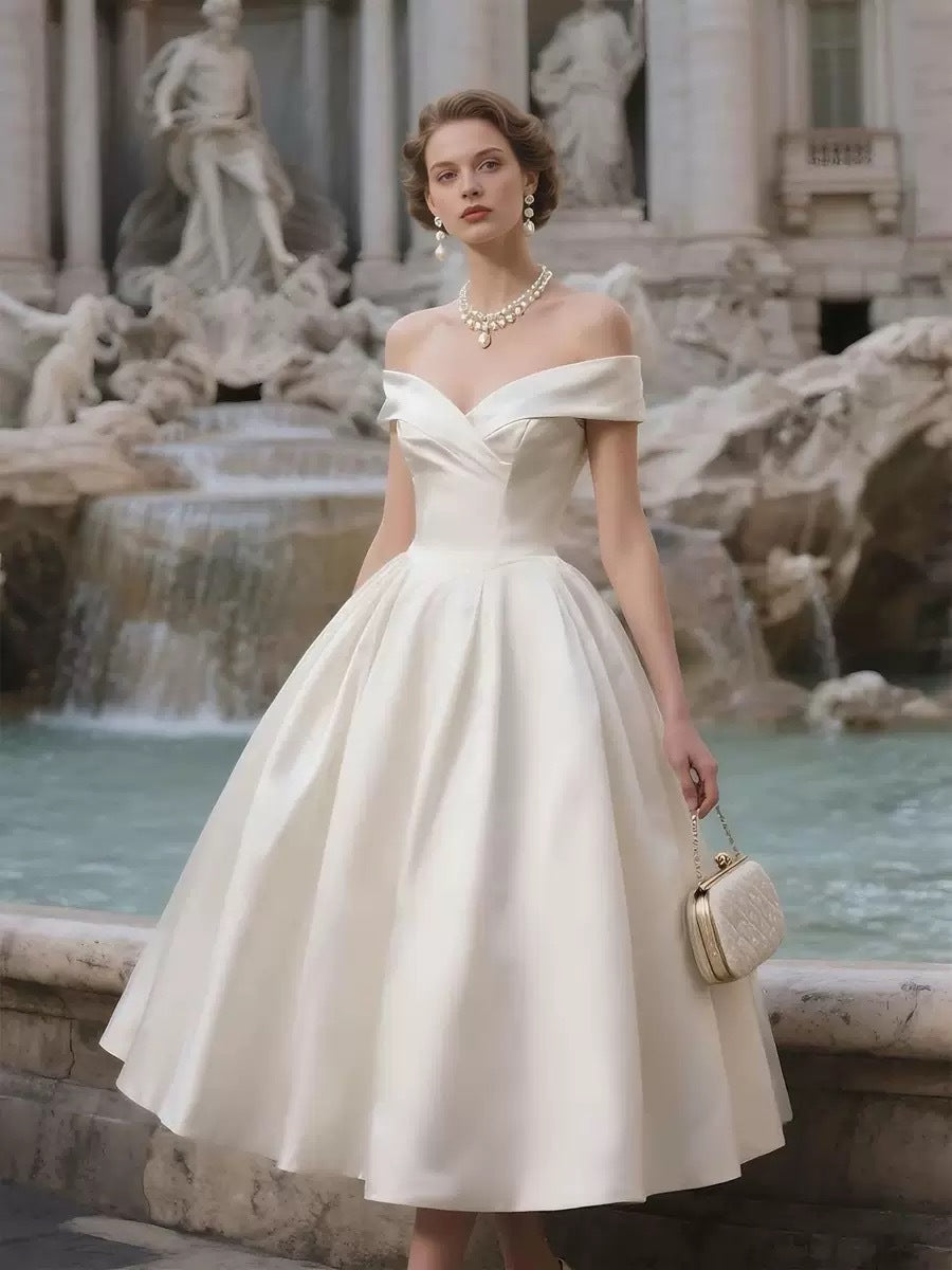 Sharon Off-the-Shoulder Minimalist Midi Dress - Off-White Avalabel