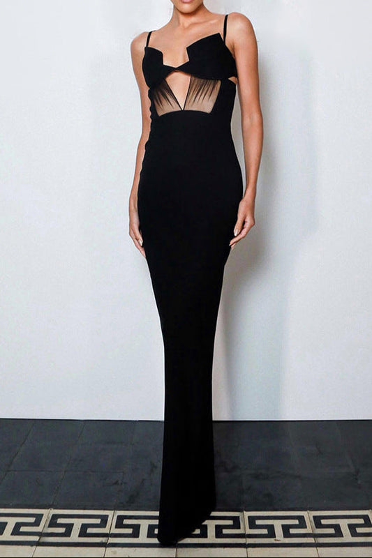 Back Slit Knitted Bandage Maxi Dress in Black