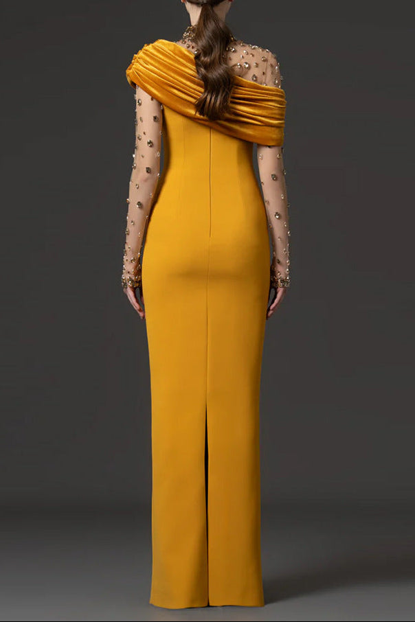 Mesh-Paneled Beaded Rhinestone-Embellished Maxi Dress - Yellow Avalabel