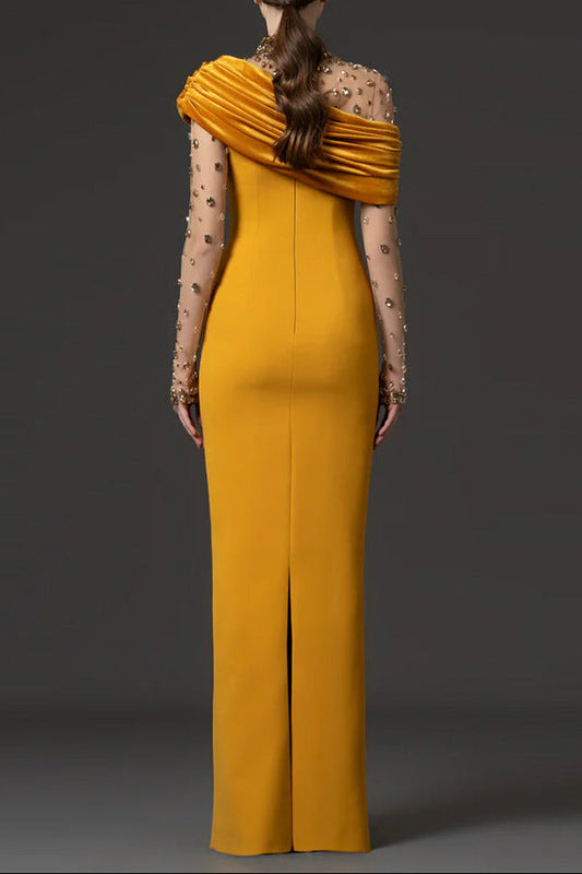 Mesh-Paneled Beaded Rhinestone-Embellished Maxi Dress - Yellow