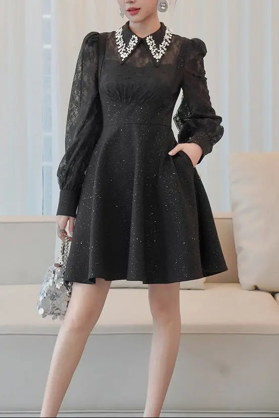 Lynn Black Rhinestone Collar Neck Lace Hollow Sleeve Mini Dress Avalabel