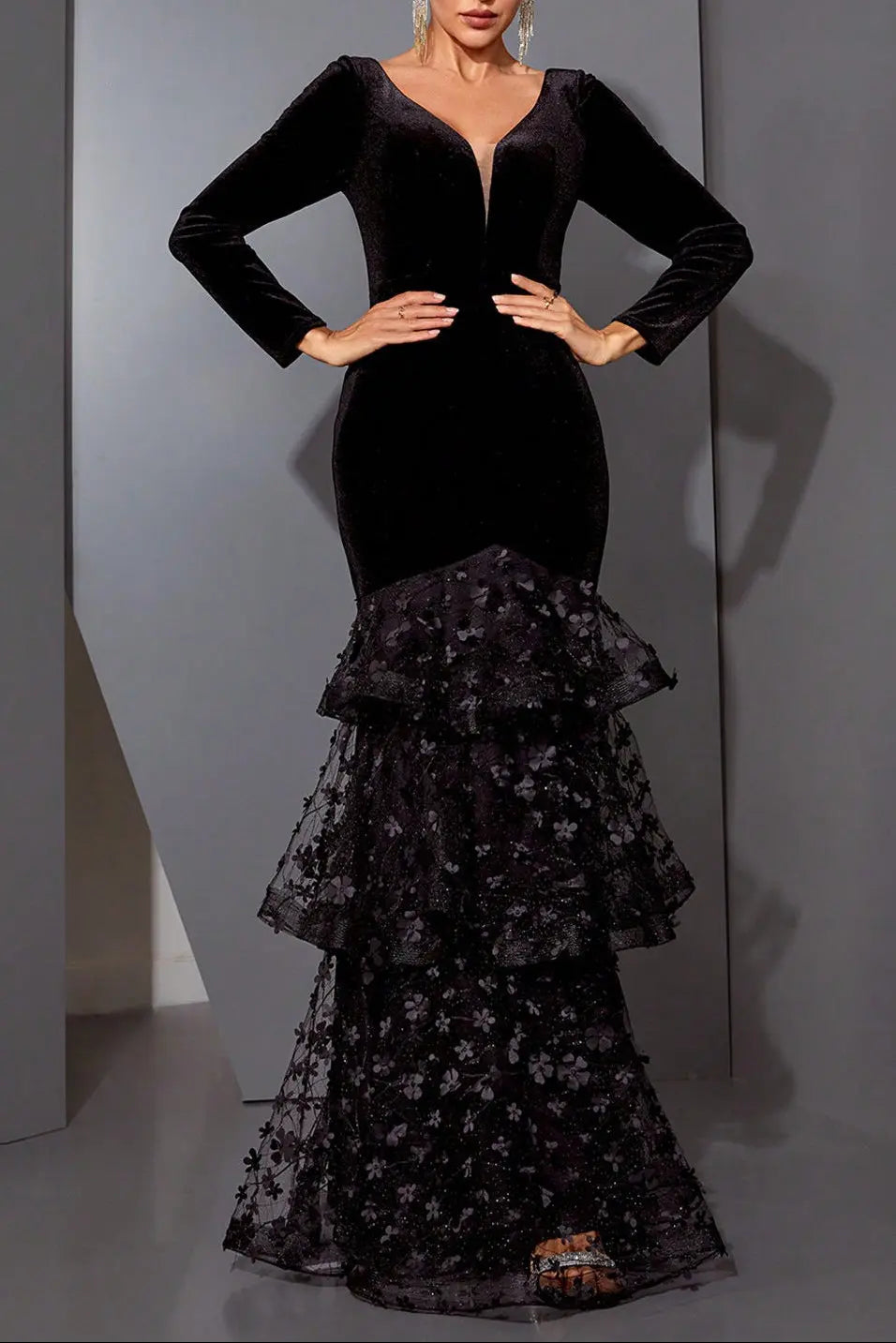 eunice black flower appliqué fishtail layer velvet maxi dress Avalabel