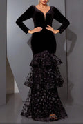 eunice black flower appliqué fishtail layer velvet maxi dress Avalabel