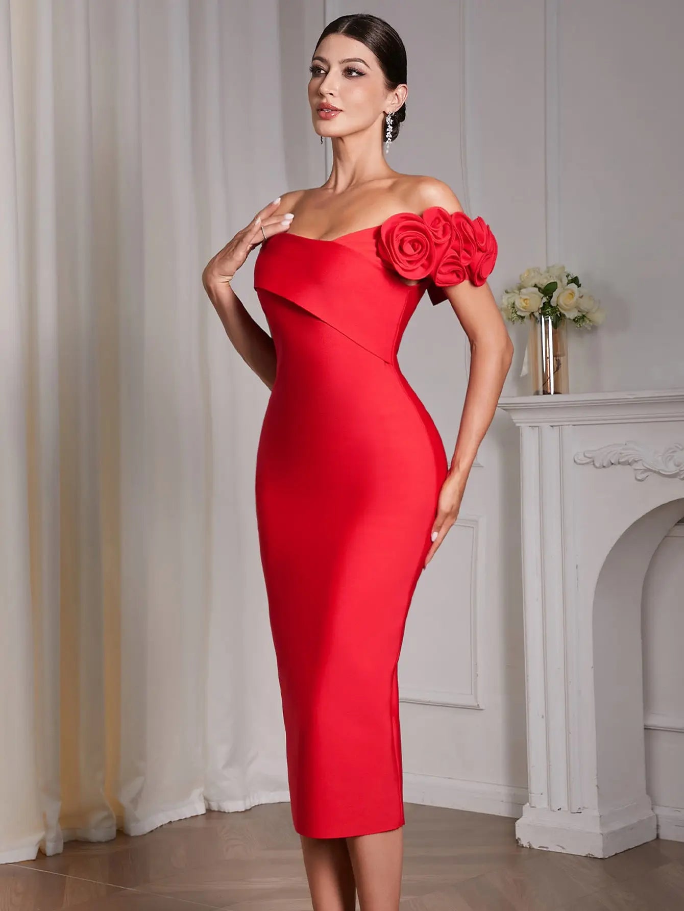 jessica Red 3D Flower Bandage Midi Dress Avalabel
