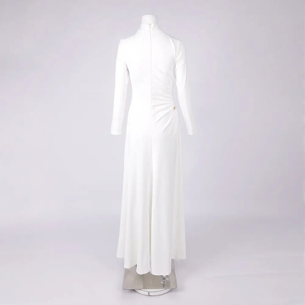 rita Metallic Double Ball Long-Sleeve High-Slit maxi Dress in white Avalabel