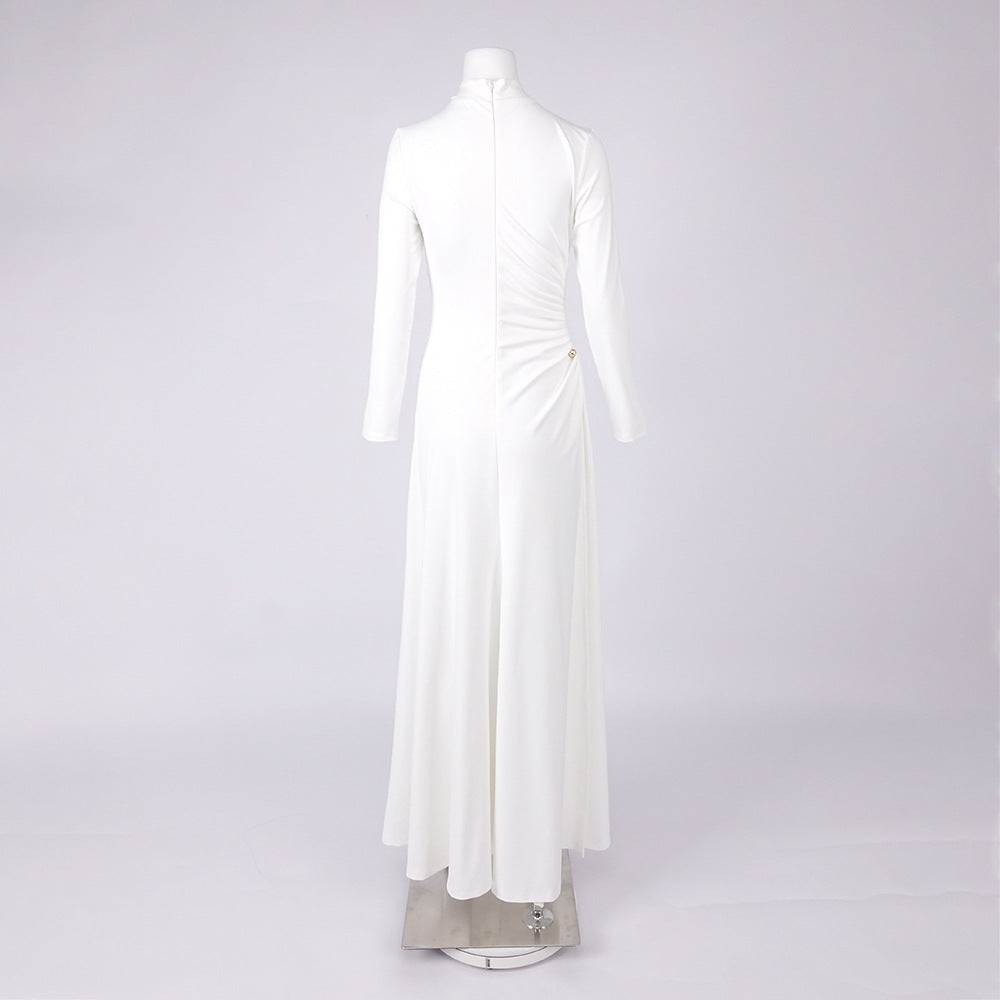 rita Metallic Double Ball Long-Sleeve High-Slit maxi Dress in white