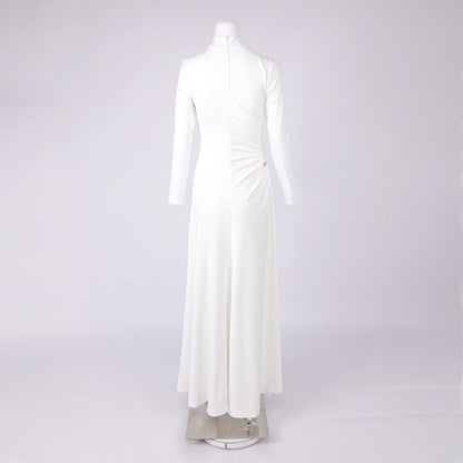 rita Metallic Double Ball Long-Sleeve High-Slit maxi Dress in white