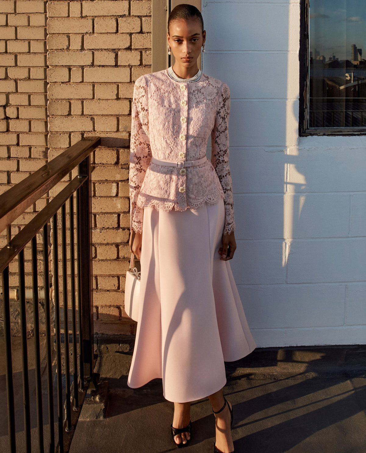 Pink Tailored Lace Midi Dress Avalabel
