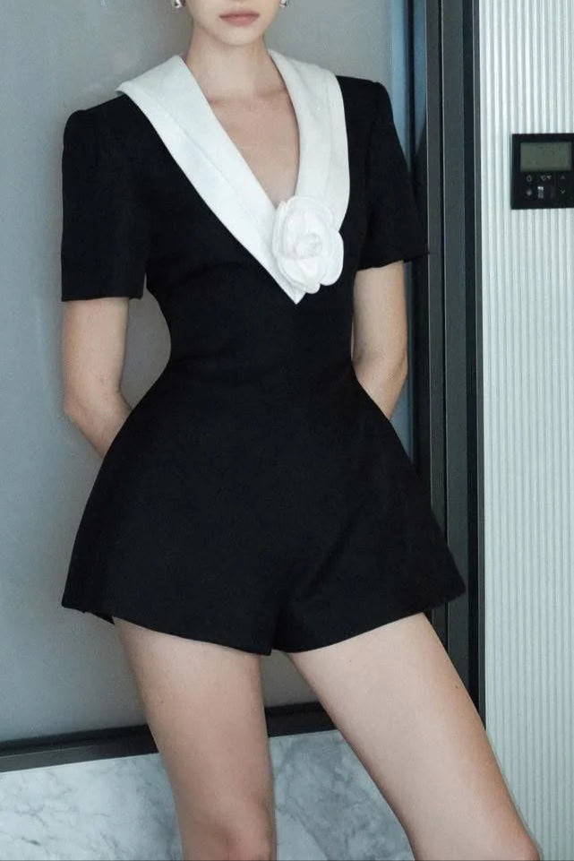 V Neck White 3d Flower Jumpsuit in Black Avalabel