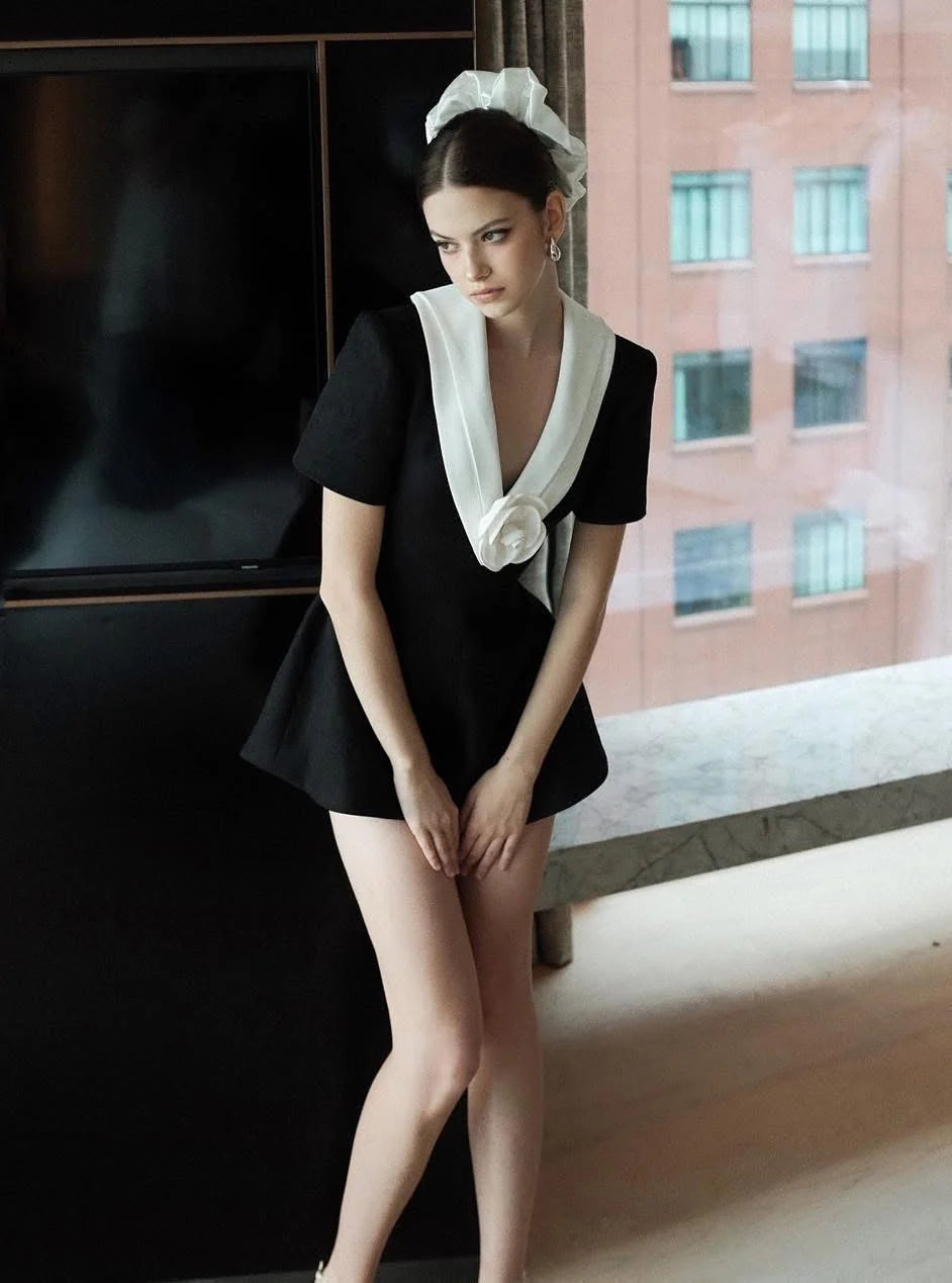V Neck White 3d Flower Jumpsuit in Black Avalabel