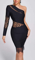 ONE SHOULDER INSERT LACE MIDI DRESS IN BLACK DRESS STYLE OF CB 